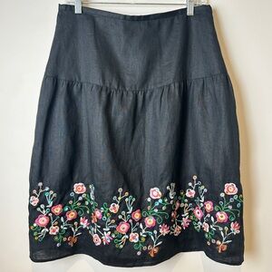 Y2K Black Linen Embroidered Floral A-Line Skirt w/ Sequin Embellishments Size 10
